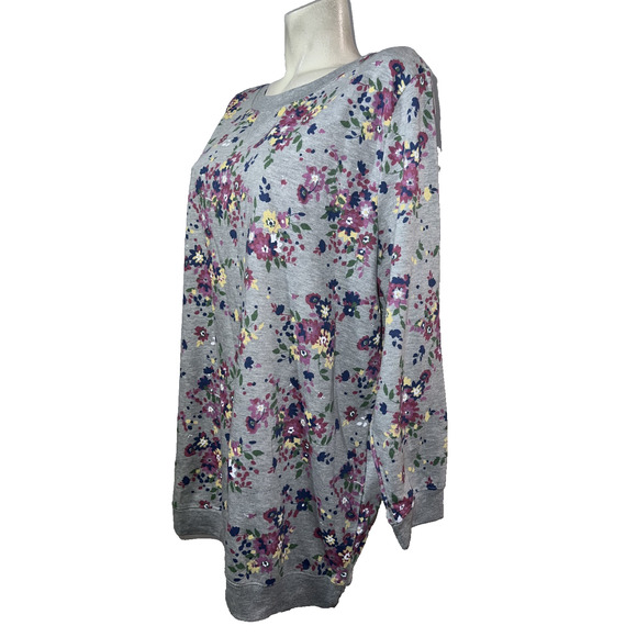 Woman Within Top Size 1X 22/24 Gray Floral Print Preppy Pullover Sweatshirt - Picture 4 of 10